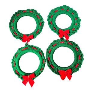 4 Vintage Handmade Crochet Wreaths Green Red Christmas